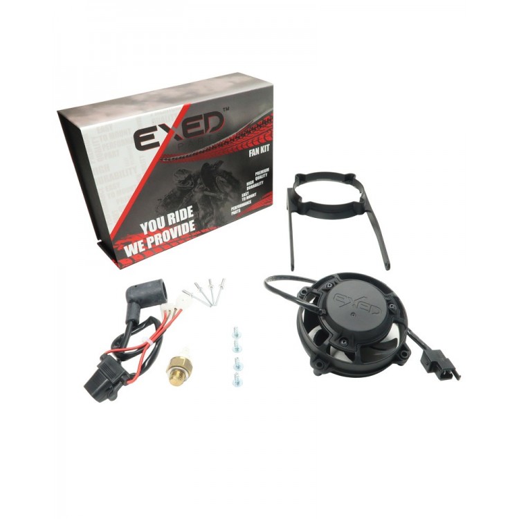 Exed Parts™ – Kit with Exed Radiator Fan and Mounting Bracket for KTM and HUSQVARNA, with Thermoswitch, Dirt Bike Models from 2004 to 2016, 4 Stroke