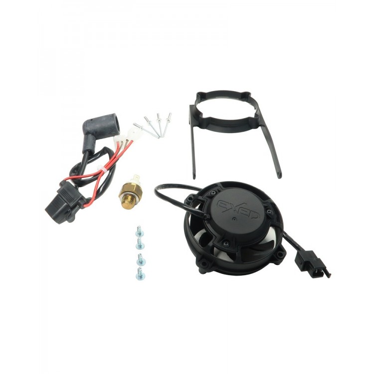 Exed Parts™ – Kit with Exed Radiator Fan and Mounting Bracket for KTM and HUSQVARNA, with Thermoswitch, Dirt Bike Models from 2004 to 2016, 4 Stroke