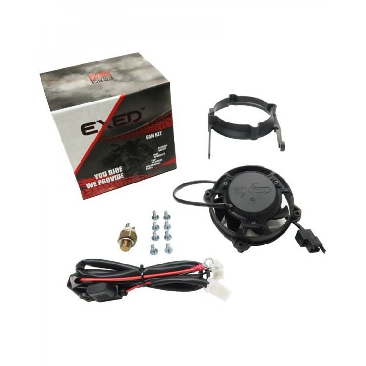 Exed Parts™ – Kit with Exed Radiator Fan and Mounting Bracket for KTM and HUSQVARNA, with Thermoswitch, Dirt Bike Models from 2017 to 2023, 4 stroke