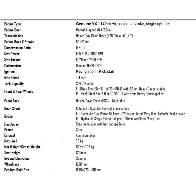 RFN Thunder 140 Pro  140cc Air cooled, 4 stroke, Single cylinder