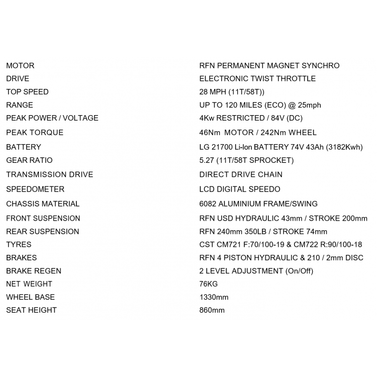 RFN ‘RS ENDURANCE’ L1E MK3 74V / 4Kw Road Legal Electric Moped RFN ‘RS ENDURANCE’ L1E MK3 74V / 4Kw Road Legal Electric Moped