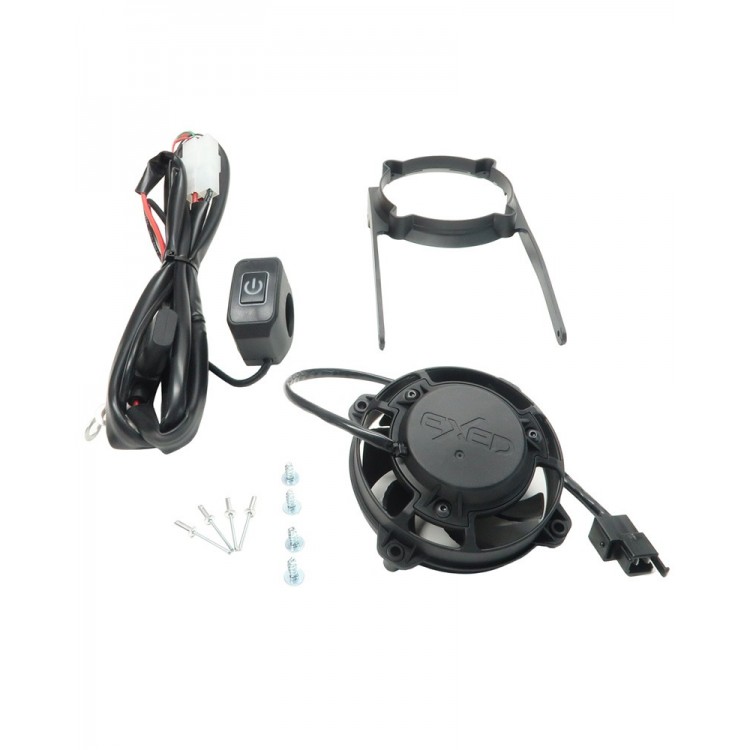 Exed Parts™ – Kit with Exed Radiator Fan and Mounting Bracket for KTM and HUSQVARNA, with Led ON/OFF Switch, Dirt Bike Models from 2004 to 2016