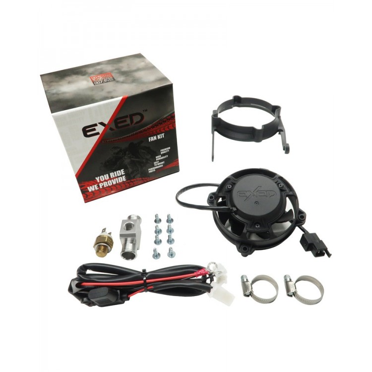 Exed Parts™ – Kit with Exed Radiator Fan and Mounting Bracket for KTM and HUSQVARNA, with Thermoswitch, Dirt Bike Models from 2017 to 2023, 2 & 4 stroke